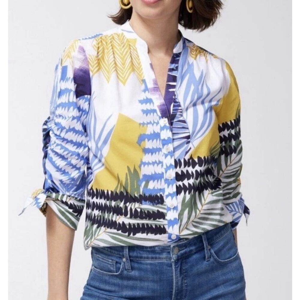 Chico’s 2 Billow Sleeve Blouse Costa Collage Shirt 3/4 Slv Pattern Amparo Blue